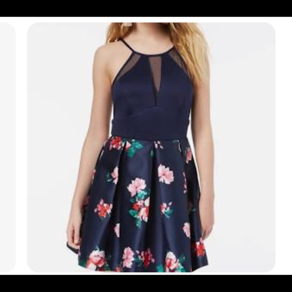 Teeze me Junior Fit & Flare Floral Print Halter Illusion navy blue size 3